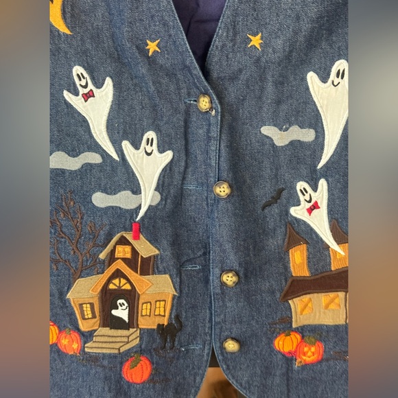 Vintage 90s Halloween vest denim chambray appliqué embroidered ghosts pumpkins - Picture 3 of 7
